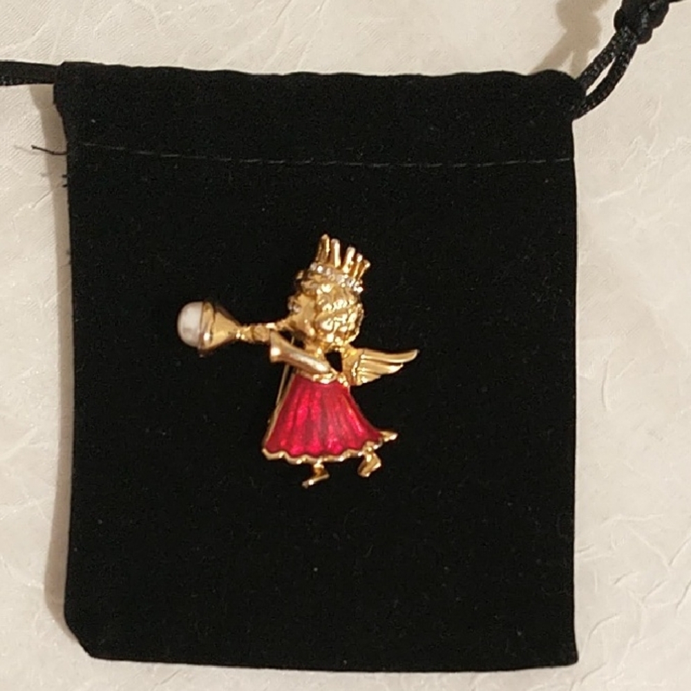 Vintage Gold Tomeand Red Angel Brooch